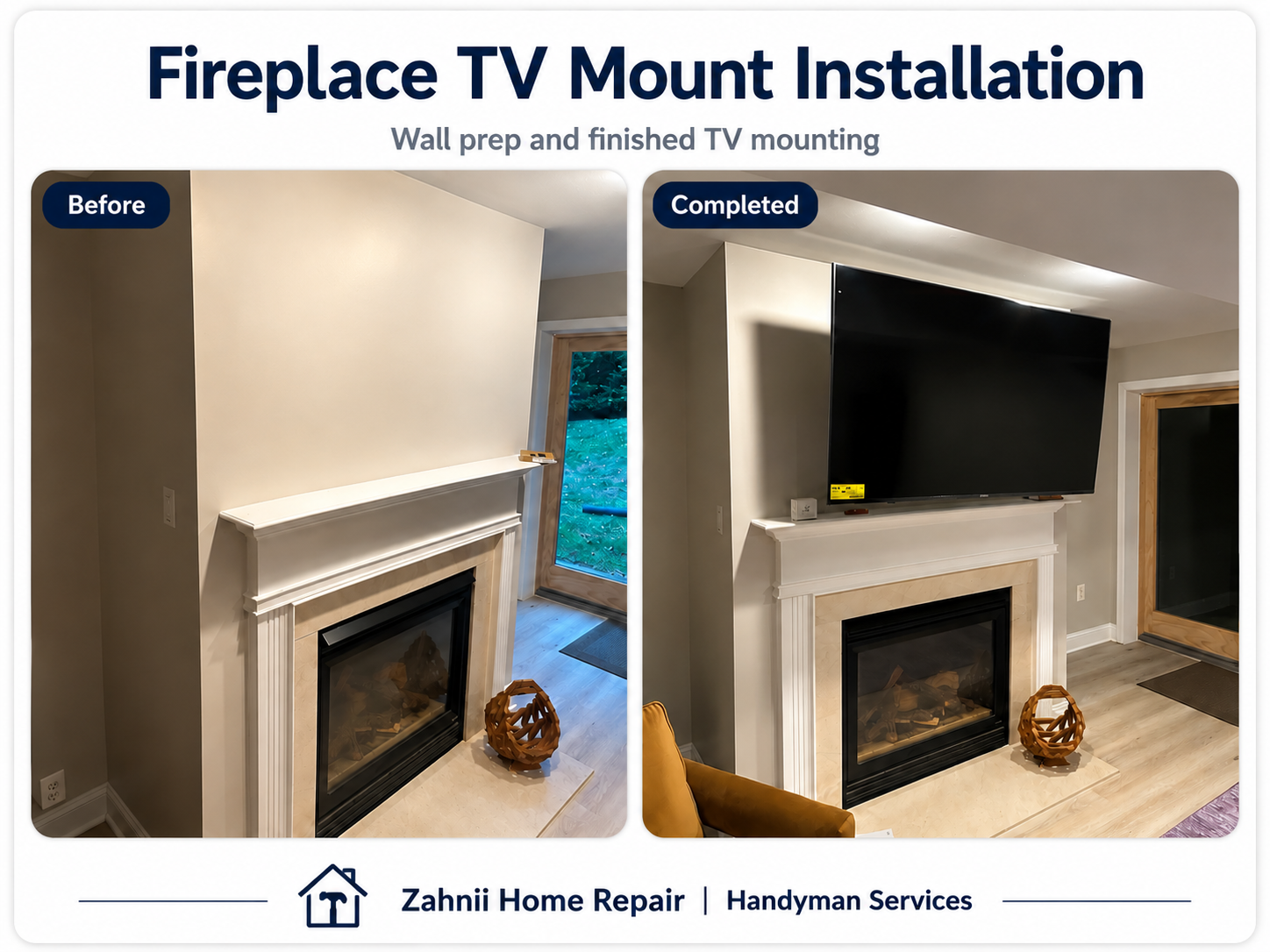 Fireplace TV mount installation project by Zahnii Home Repair